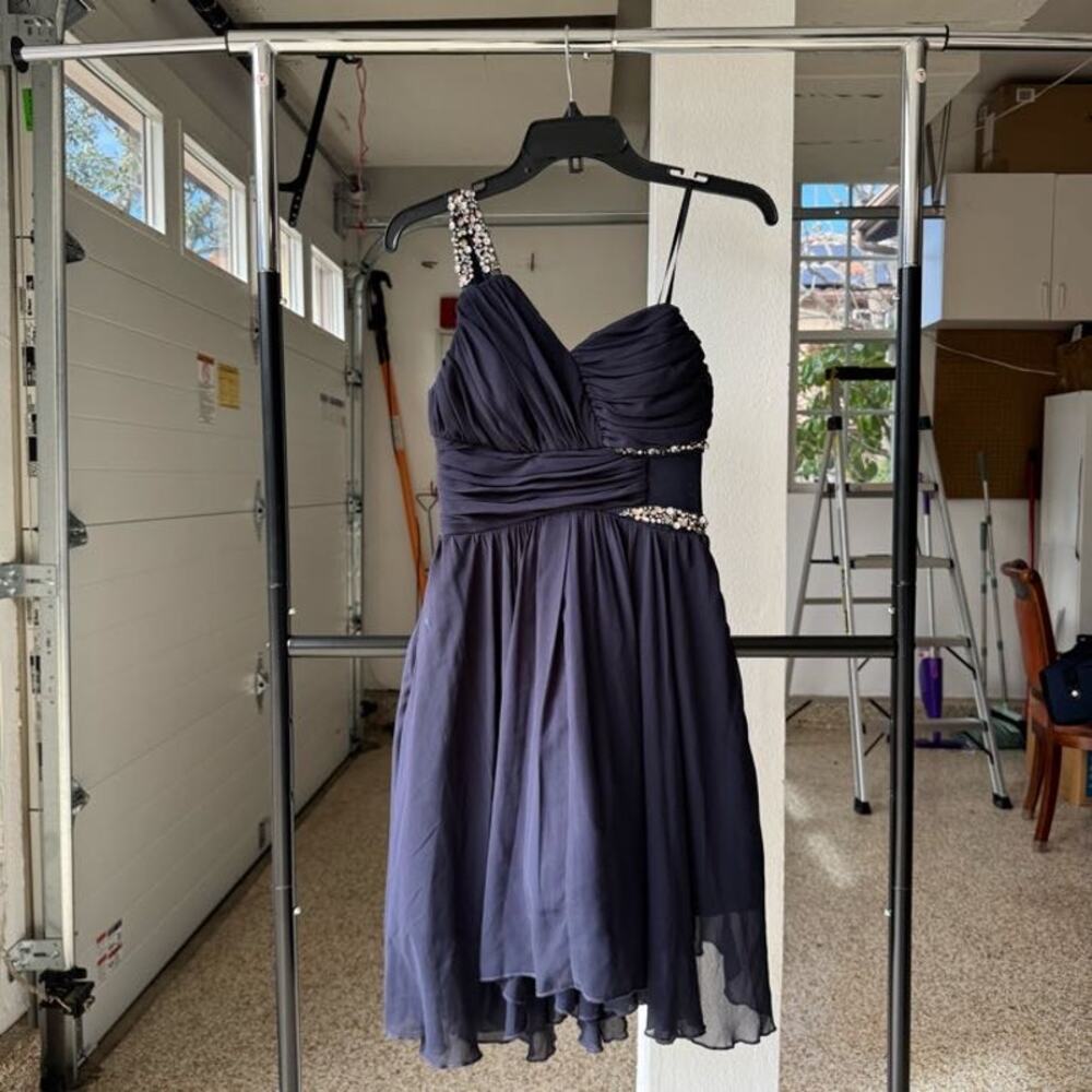 Way In Cocktail Dress Women’s Size 3 Navy Blue Chiffon One-Shoulder Rhinestone